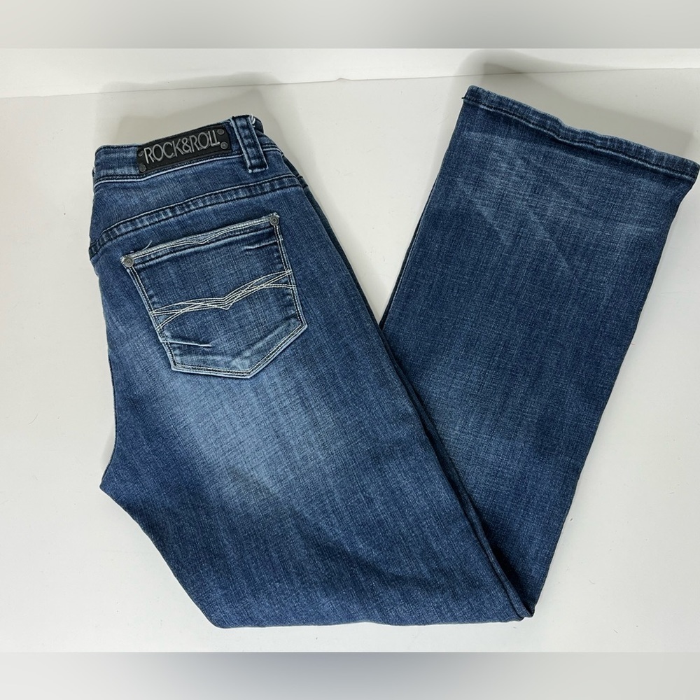 Rock & Roll Cowgirl Dark Wash Embellished Riding Low Rise Jeans Tag Size 32 x 30